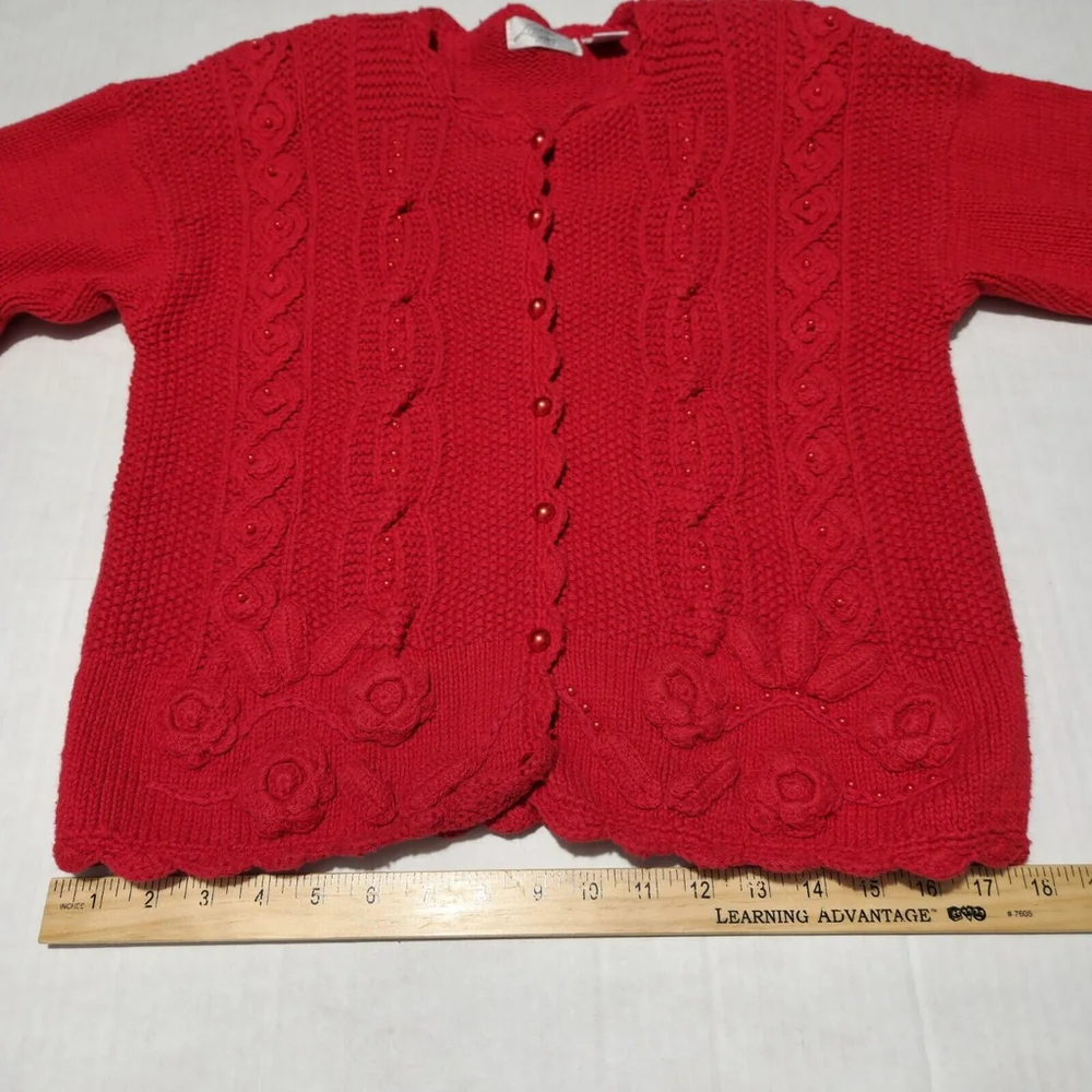 Vtg Red Cable Knit Heavy Cardigan Beaded Floral Academia Button Closure Medium